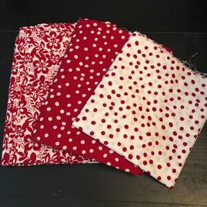 Red White Cotton Fabric Bundle Floral Polka Dot Quilting Crafting 3 Pieces